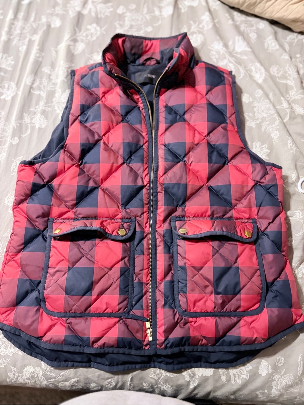 J. Crew Red and Navy Plaid Quilted Puffer Vest